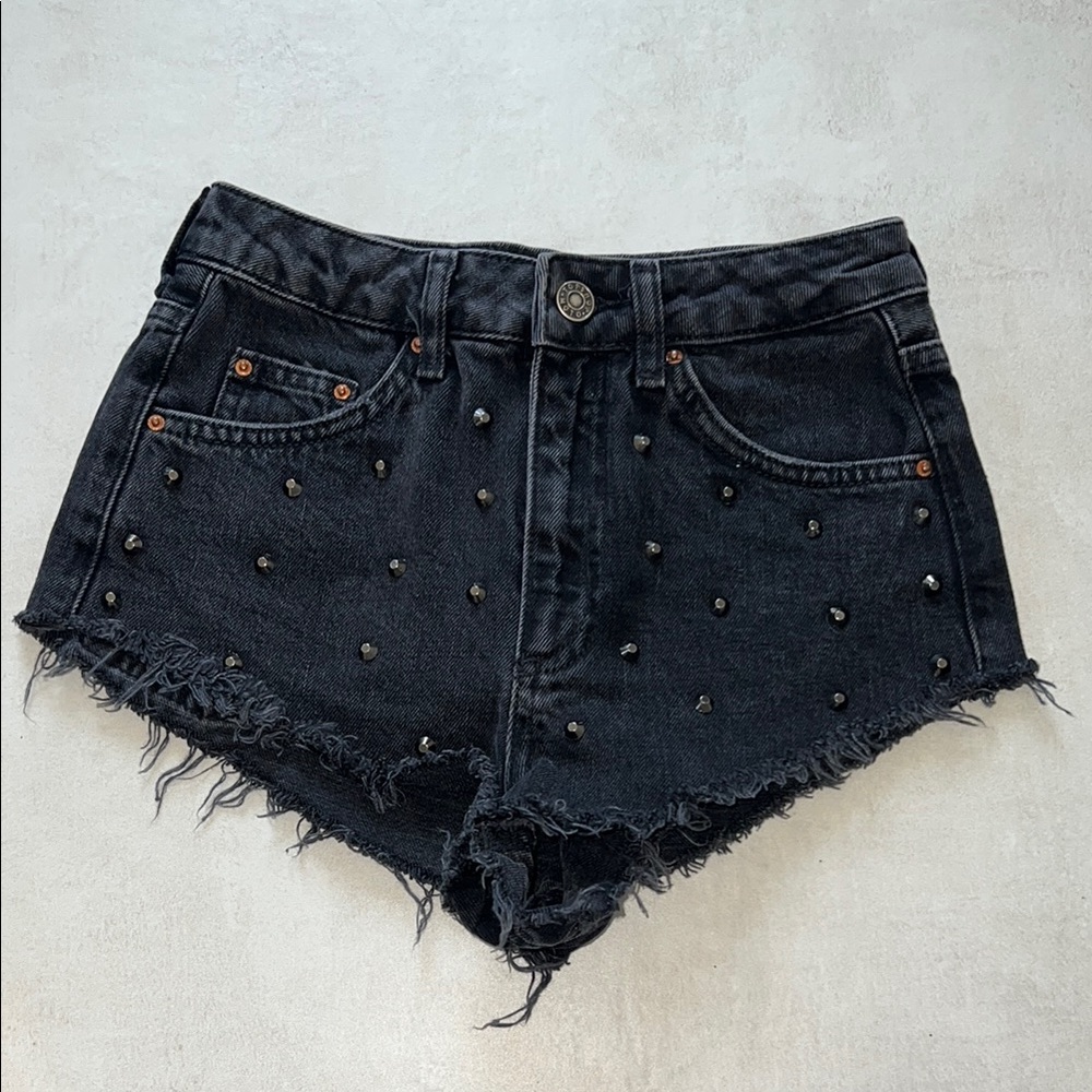 Topshop 0 Kiri Black Studded Denim Shorts Moto High Waisted
